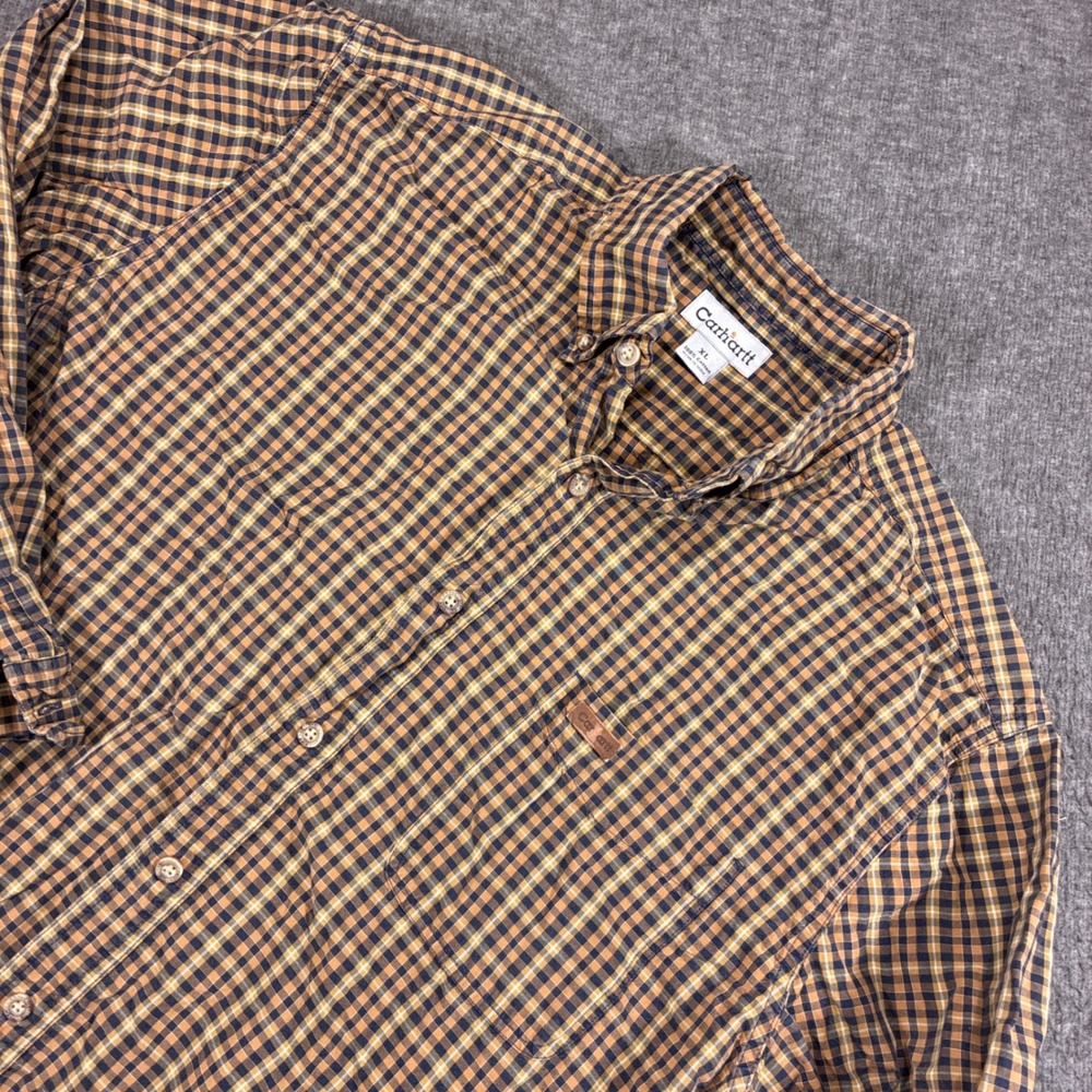 Vintage Carhartt Button Down Shirt Mens XL Navy Gold S153NVY Plaid Workwear